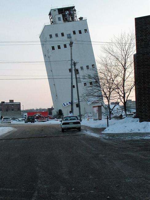 The leaning Zip Feed Tower the day after implosion 