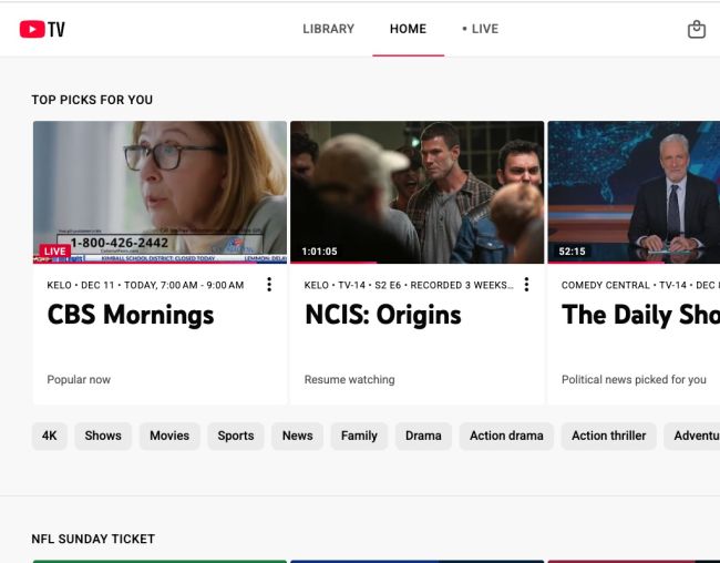 Screenshot of YouTube TV home screen