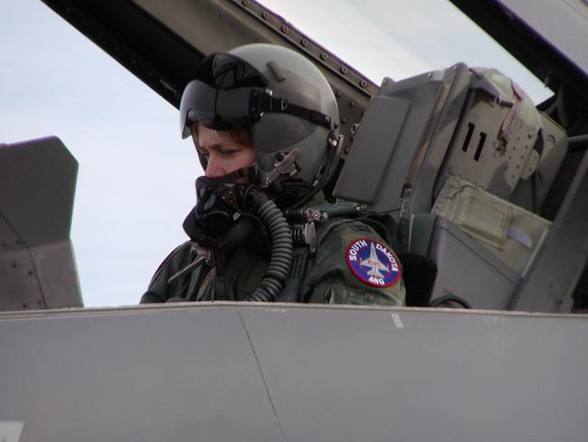 Karen Ruby getting ready in the F-16 2-seater